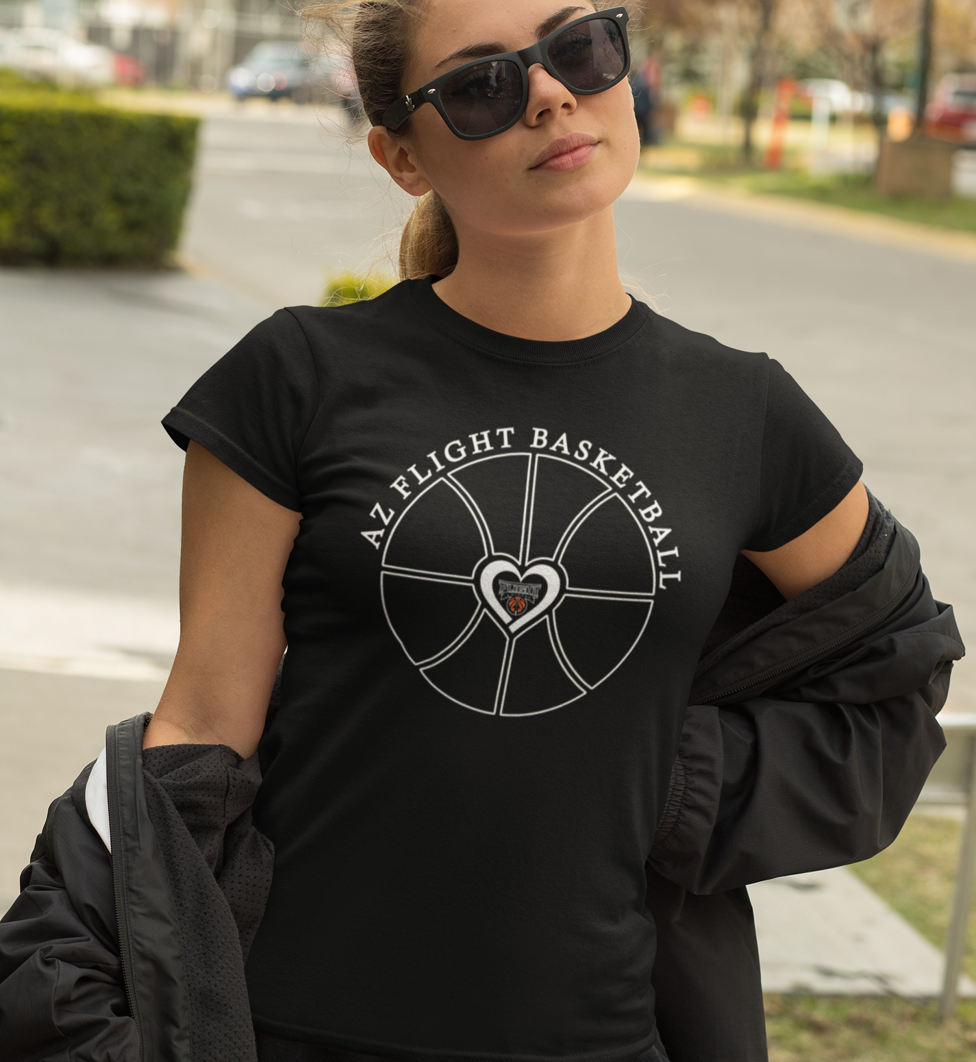 Woman in AZ Flight tee with sunglasses